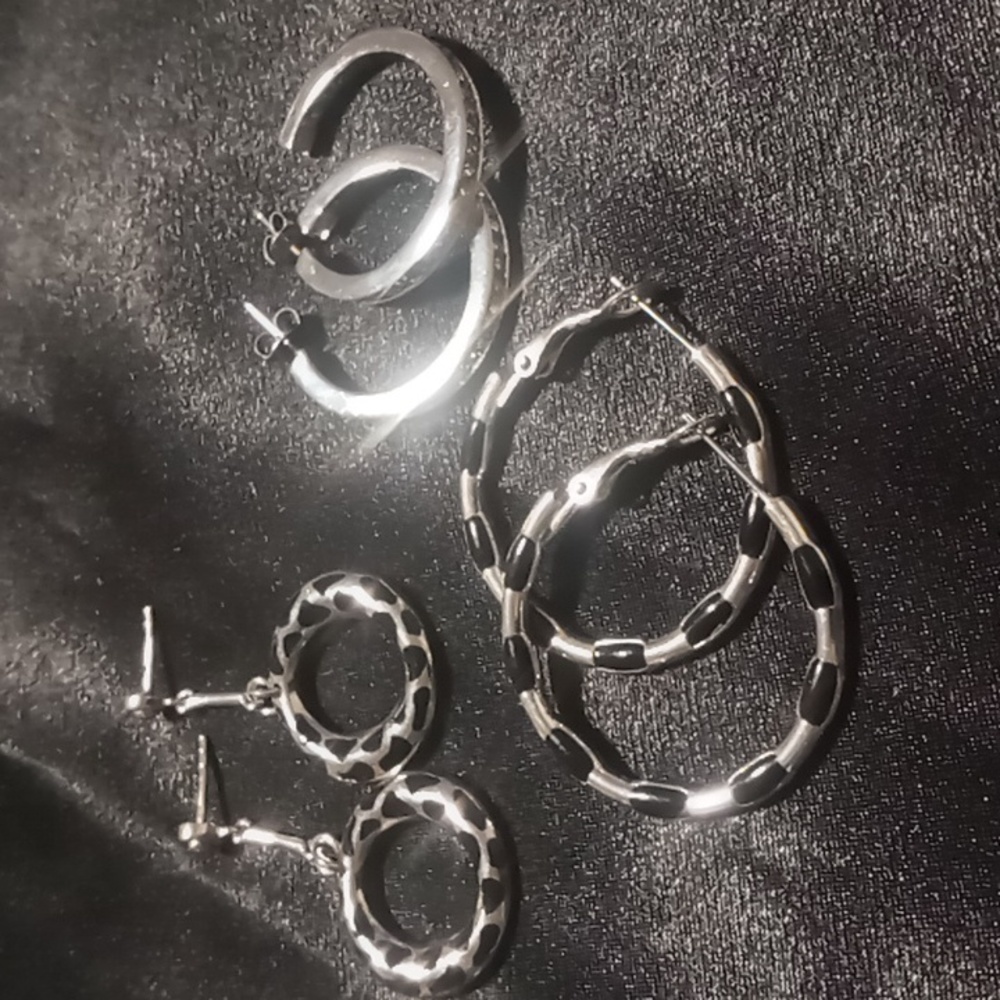 Hoop earrings silver with black enamel prints & hoops  pave crystals.